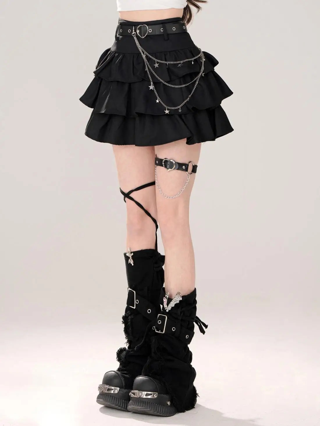 Belt Metal Chain Punk Mini Skirts for Women Summer High Waist Pleated Black Cake Skirt Woman Streetwear A Line Short Skirt Mujer