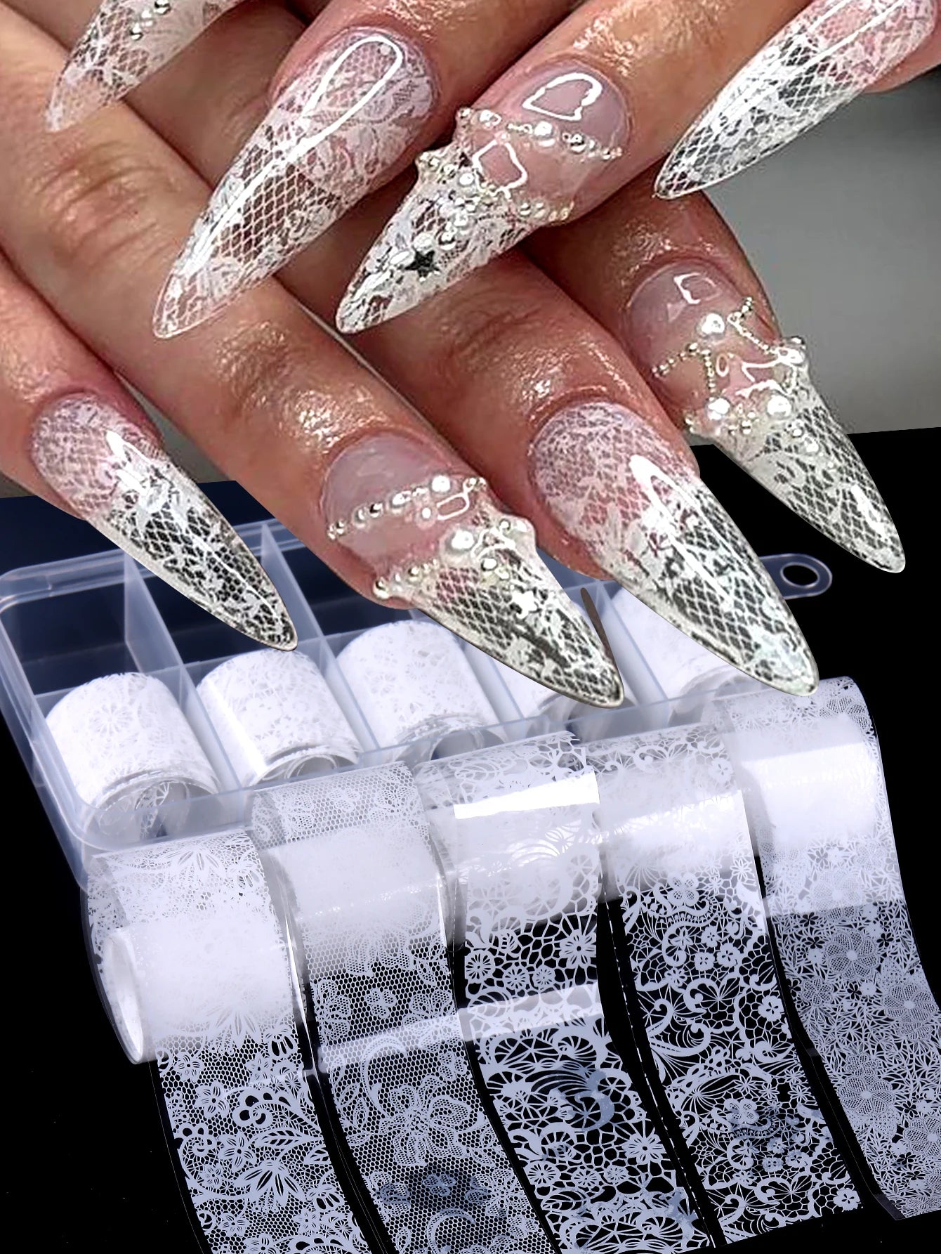 10 Sheets Lace Nail Foil White & Black Nail Stickers Design Transfer Foils Starry Sky Paper Nail Art Foil Decals for Nails Salon