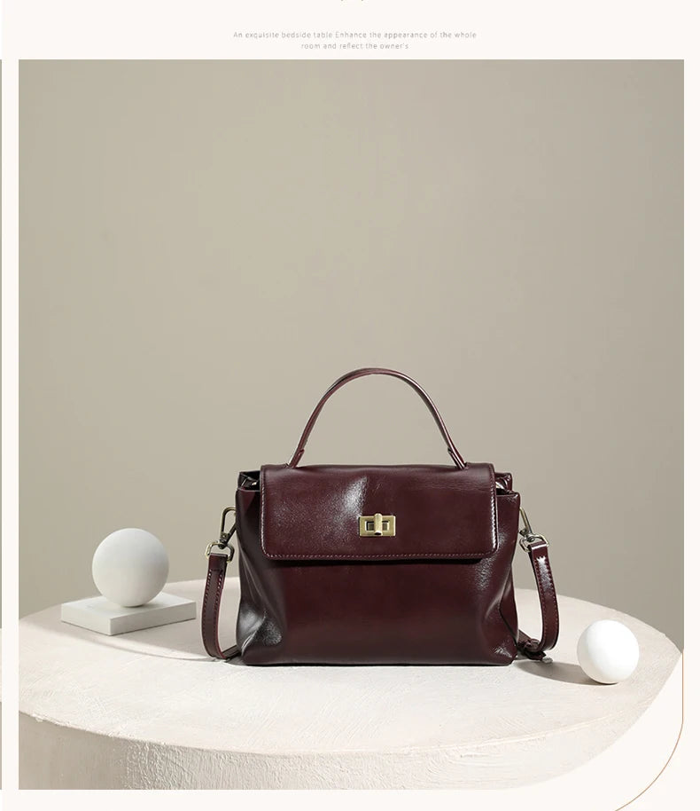 Genuine Leather Top Handle Crossbody Bag for Women Vintage Oil Wax Leather Shoulder Bag Small Luxury Designer Satchel Handbag