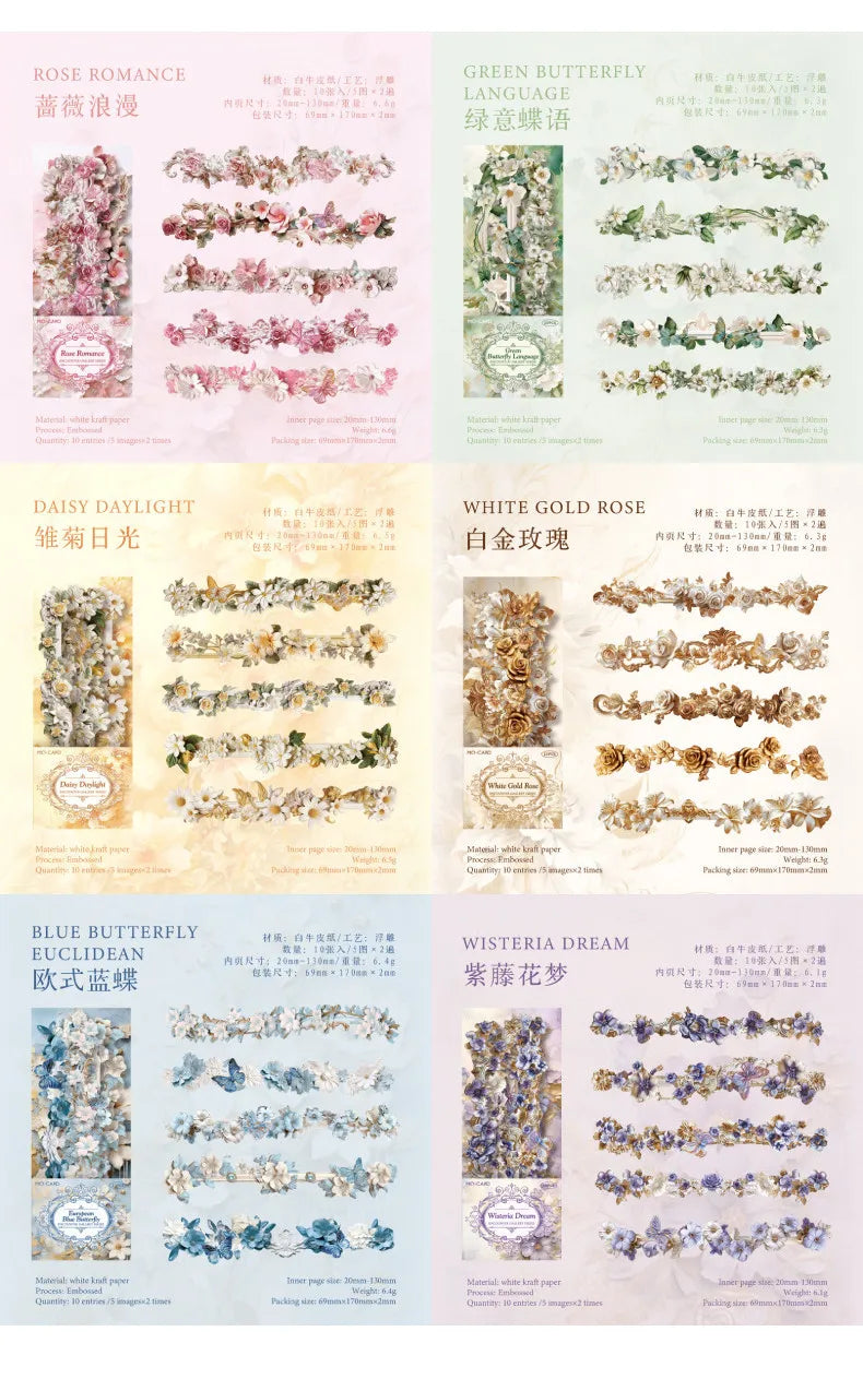 Journamm 10pcs Long Floral Stickers Hollow Relief Craft DIY Scrapbooking Collage Stationery Decor Junk Journal Frame Sticker