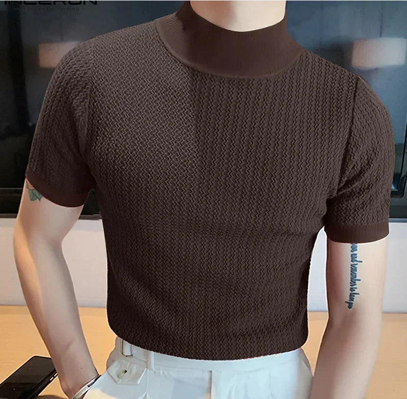 Summer New Casual Simple Knitted Base Shirt European and American Men's High Neck Water Ripple Solid Color T-Shirt