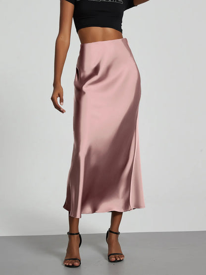 21 Colors New 2026 Women's Elegant High Waist Satin Long Skirts Female Summer Solid Color Faldas