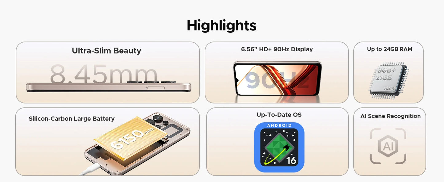 DOOGEE Note56 X Android 16 Smartphone 24GB 64GB 6.56" HD+ Screen 6150mAh Large Battery 8MP+5MP Face Unlock CellPhone