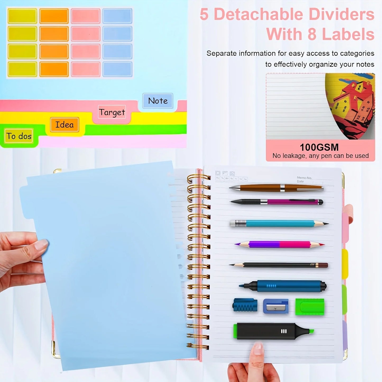 Extra Large Hardcover Spiral Notebook - with Removable Dividers & Tabs, 300 Pages Faux Leather Cover,For School,Office,Planner