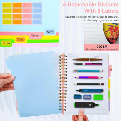 Extra Large Hardcover Spiral Notebook - with Removable Dividers & Tabs, 300 Pages Faux Leather Cover,For School,Office,Planner