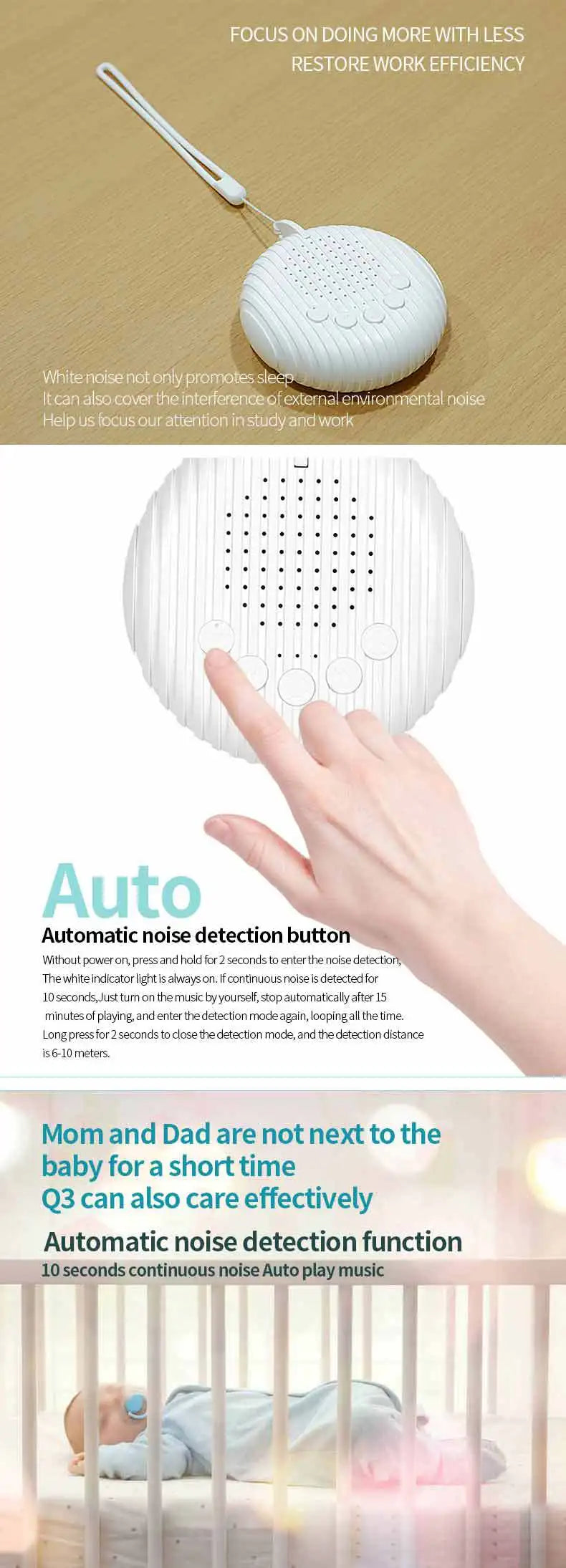 White Noise Sound Machine Portable Baby Sleep Machine 10 Soothing Sounds Volume Adjustable Built-in Rechargeable Battery USB