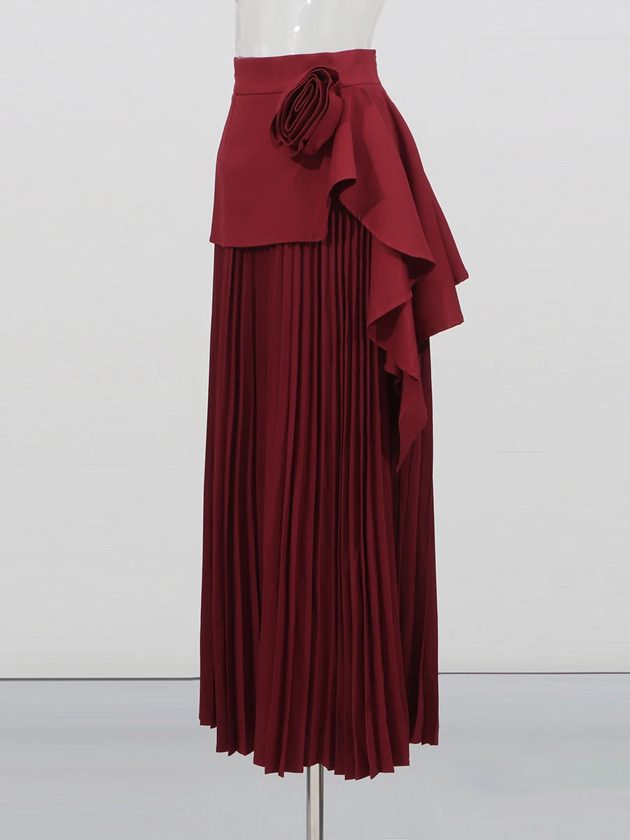 CHICEVER Elegant Spliced Asymmetrical Ruffles Skirts for Women High Waist Patchwork Appliques Pleated Long Skirt Female Spring