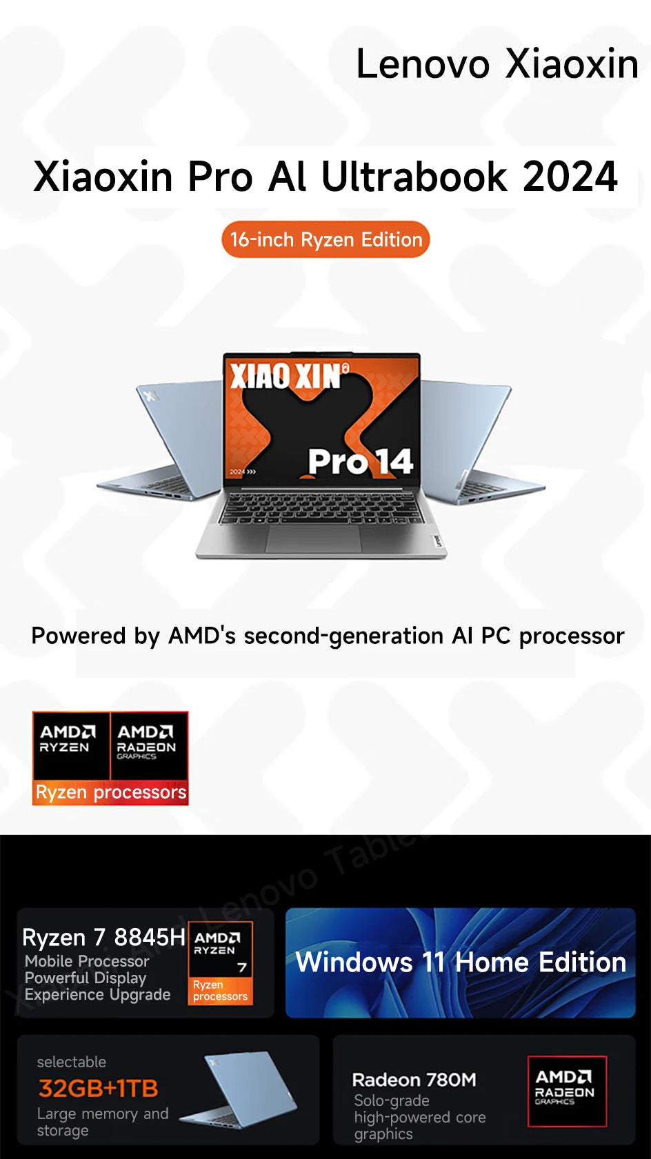 Lenovo Laptop Xiaoxin Pro14 2024 14' 2.8K 120Hz OLED Screen AMD Ryzen 7-8845H 16G/32G LPDDR5 1TB/2TB PCIE4.0 SSD Notebook PC