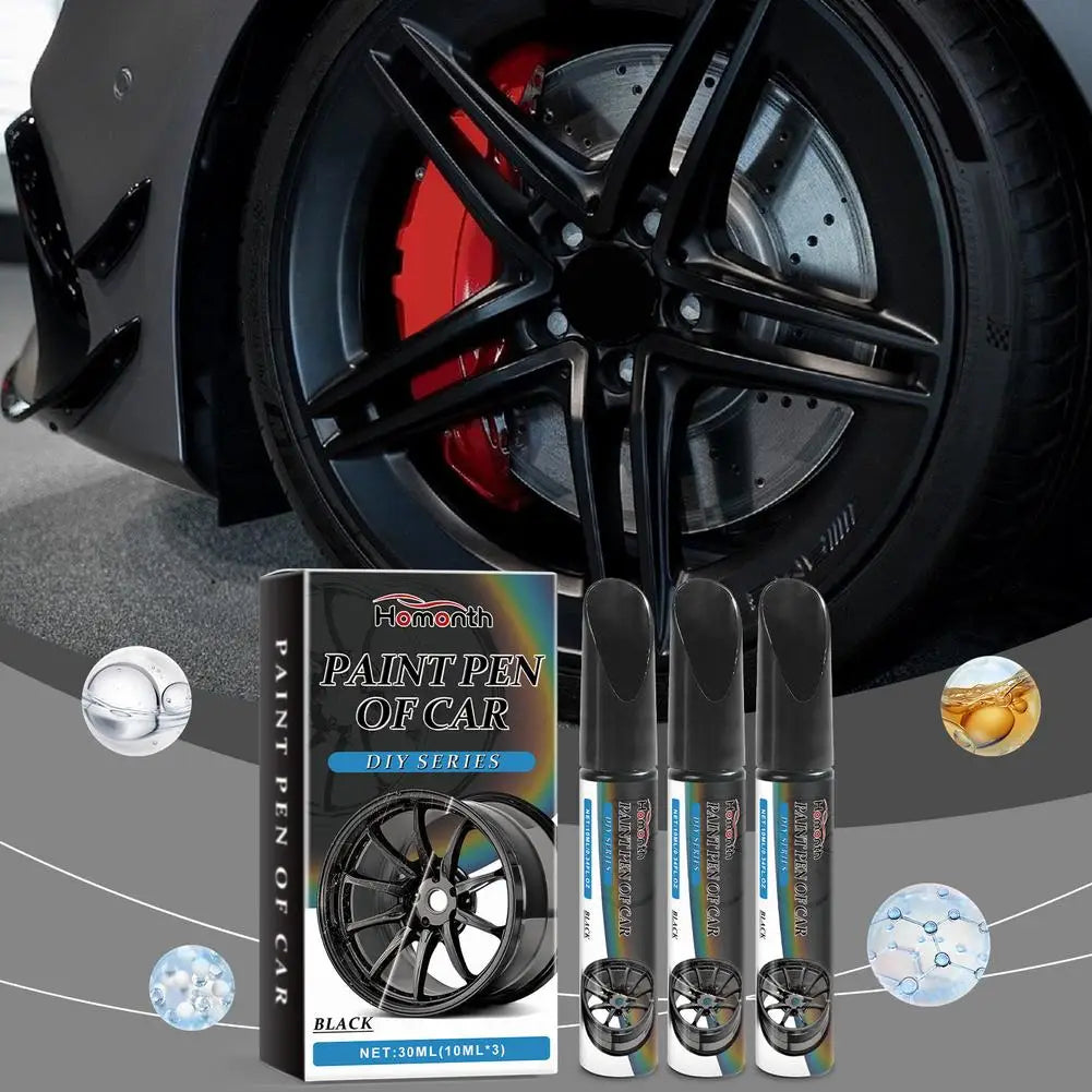 3pcs Black Alloy Wheel Scratch Repair Pen Set Professional Car Rim Scuff Remover DIY Touch-Up Paint Kit for Gloss Black Wheels