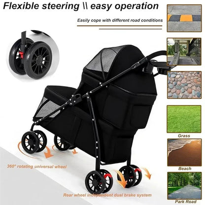 Dual‑Layer Pet Stroller Foldable Travel Dog Cat Cart Breathable Mesh Wagon with Cup Holder Storage Bag for Small Animals