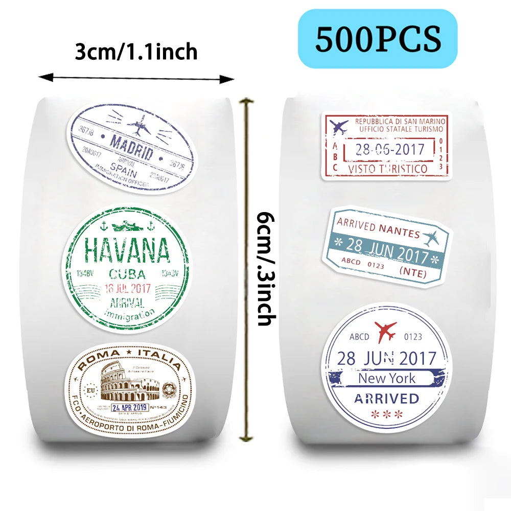 500pcs Passport Stamps Stickers Roll for Scrapbook Journaling Laptop Bumper Skateboard Water Bottles Computer Phone Sticker
