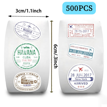 500pcs Passport Stamps Stickers Roll for Scrapbook Journaling Laptop Bumper Skateboard Water Bottles Computer Phone Sticker