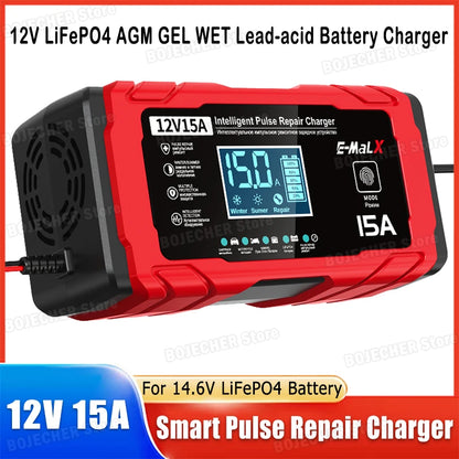 14.6V 15A Lifepo4 Battery Smart Pulse Repair Charger 12V 15A 24V 8A Electric Motorcycles Charger For Lead Acid AGM GEL Battery