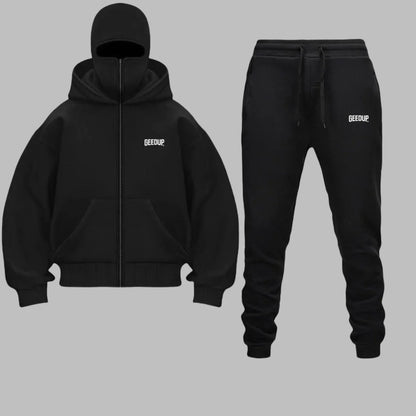 2025 Autumn Winter Men Zippered Hooded Sweatshirt Set - Balakrava Street Fashion Windproof Ninja Letter Design Two-Piece Set