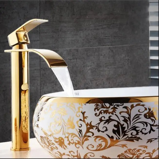 Basin Faucet Gold and White Waterfall Faucet Brass Bathroom Faucet Bathroom Basin Faucet Mixer Tap Hot and Cold Sink Faucet