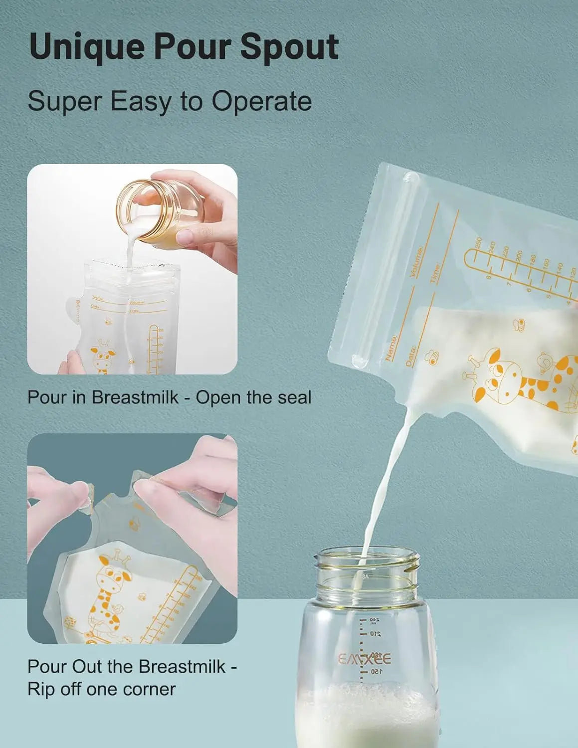 100 or 50 Pack  Disposable Breastmilk Storage Bags  250ml Capacity  Hospital-Grade, Self-Standing, Easy Pour Spout