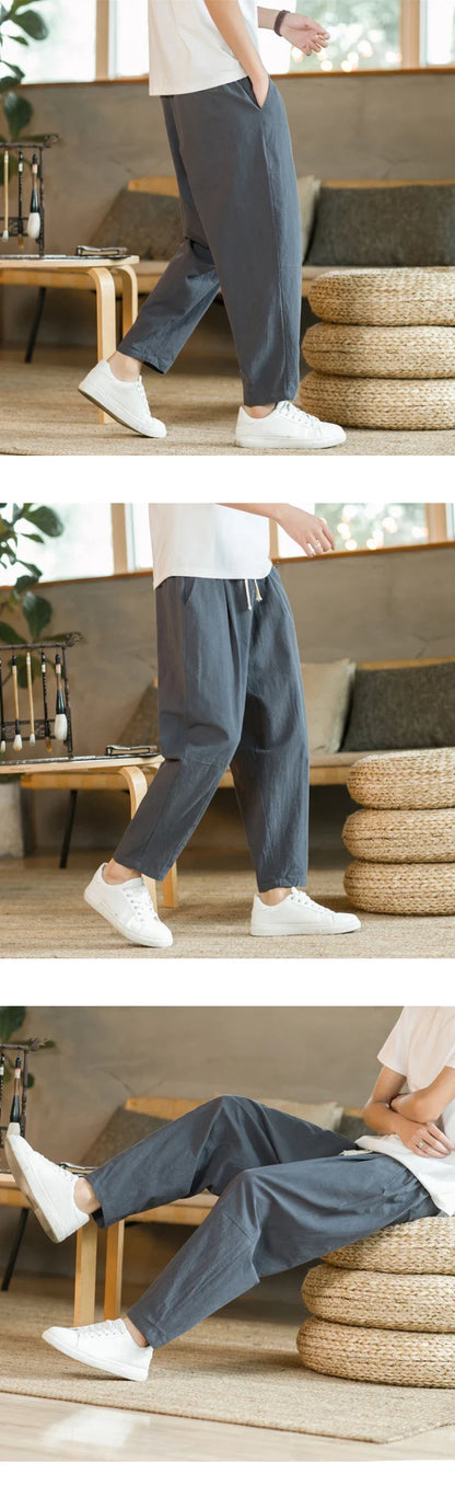 Streetwear Men Cotton Trousers Casual Solid Color Long Pants Breathable Drawstring Straight Pants Harem Pants Men Baggy Pants