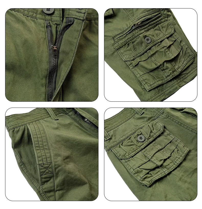 2026 Summer Men's Cotton Cargo Shorts Multi-Pocket Casual Short Pants Male Hiking Loose Solid Jogging Shorts No Belt Plus Size