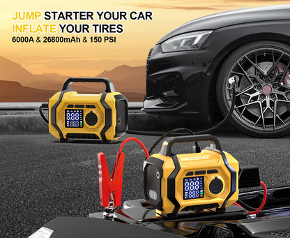 FOWAWU 6000A 26800mAh Jump Starter with Air Compressor,Car Battery Power Bank (ALL Gas/10.0L Diesel), Auto-Shutoff Tire Inflator
