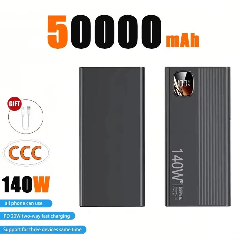 Lenovo 500000mAh Power Bank 140W Super Fast Charging Powerbank Portable External Battery Charger For Xiaomi iPhone 2027New