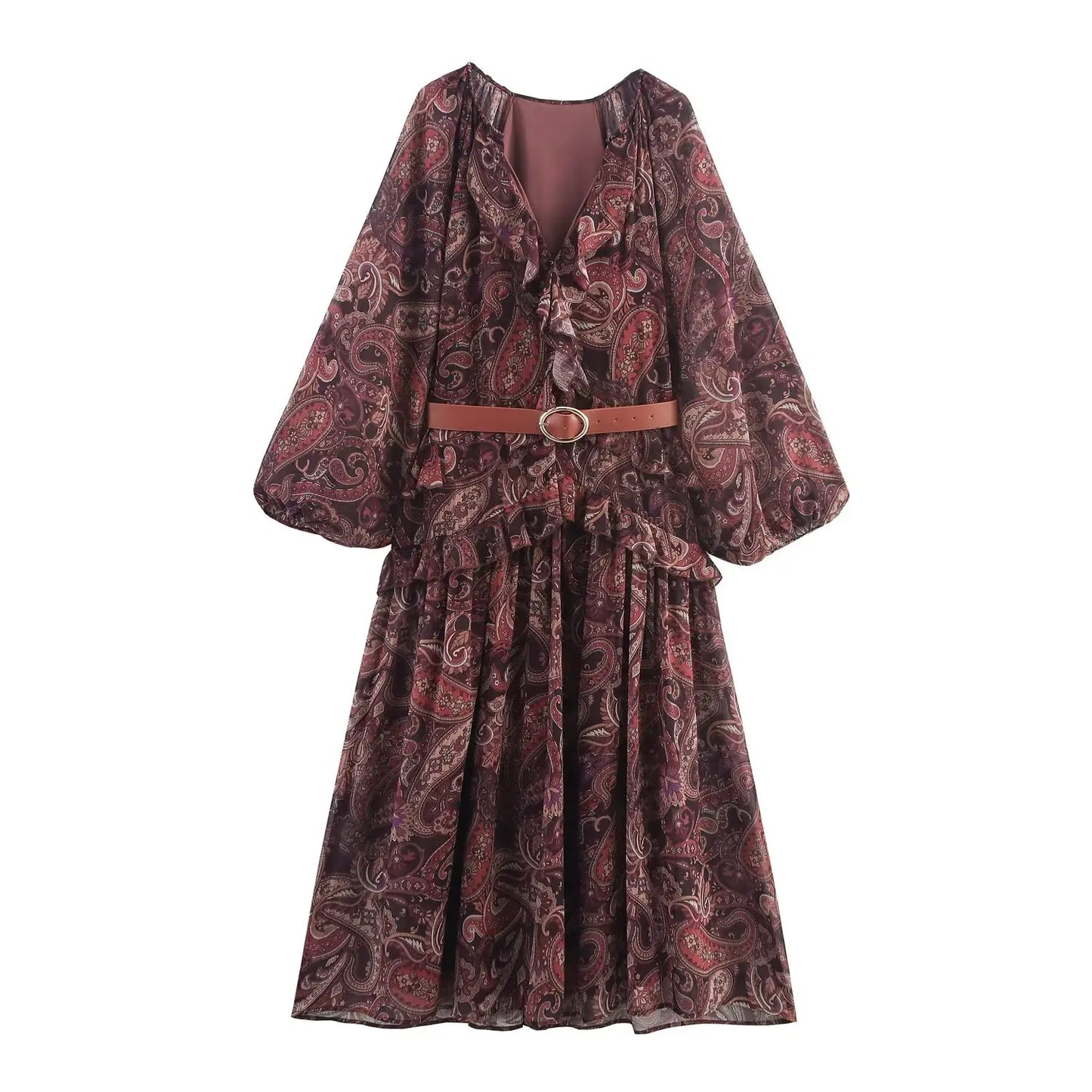 Faionable Spring New Women's V-ne Printed Dr with Belt High Waist Pleated Casual Sle Long Sve Zipper Closure Dr