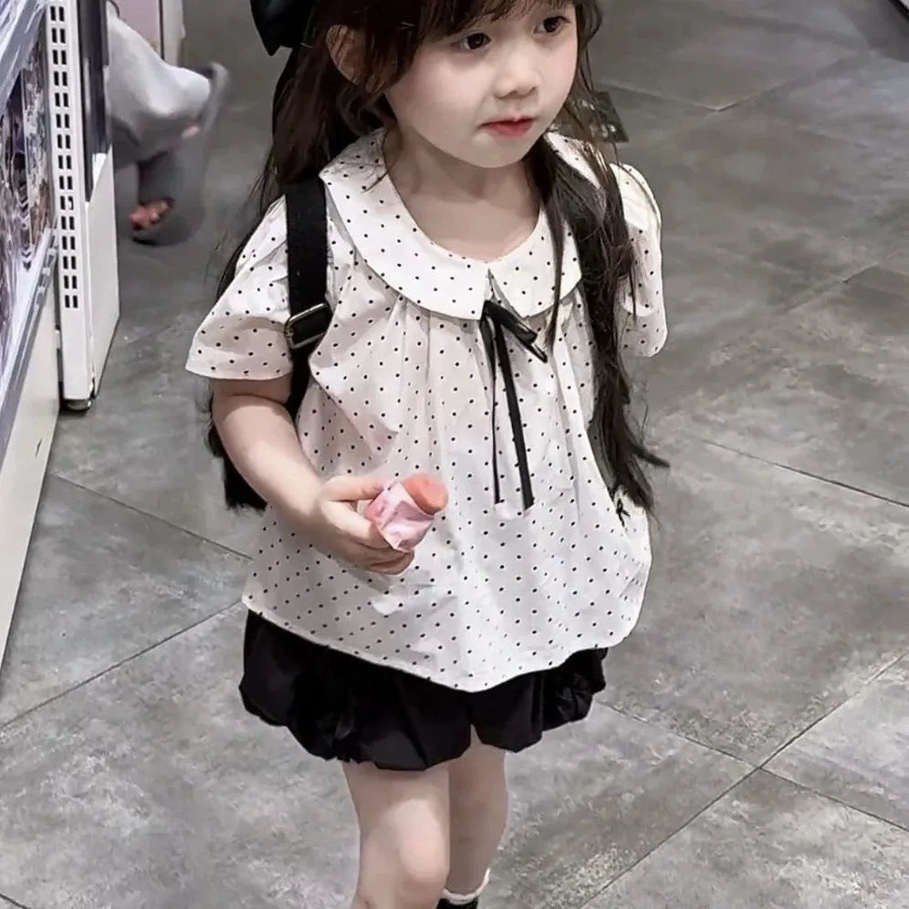 2025 Summer New Children Clothing for Girls Children Turn-down Collar Top for Girls Casual Short Sleeved Polka Dot T-shirt