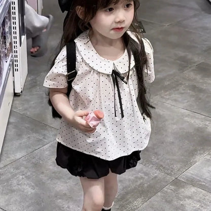 2025 Summer New Children Clothing for Girls Children Turn-down Collar Top for Girls Casual Short Sleeved Polka Dot T-shirt