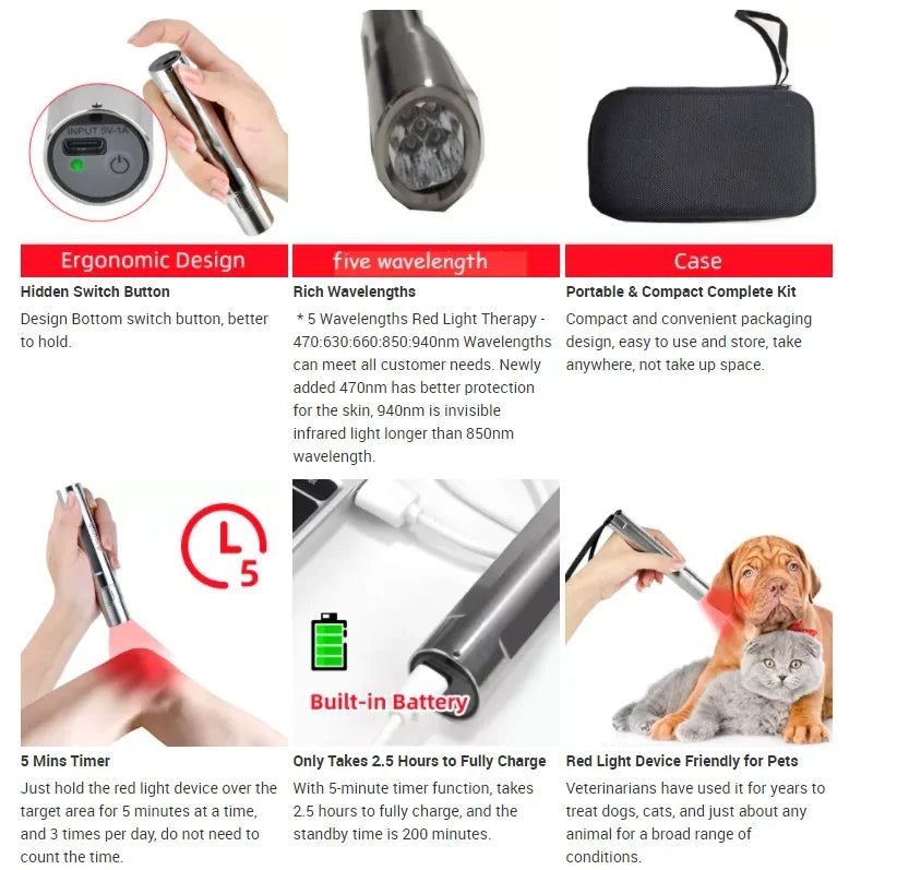 5 Wavelengths Red Light Near Infrared Therapy 940nm, Deep Tissue Pain Relief Physical Treatment for Arthritis Sciatica
