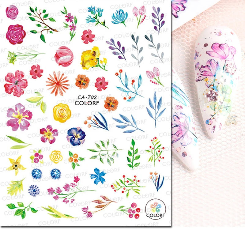3d Nail Art Decals Watercolor Florals Purple Green Pink Flowers Leafs Fruit Adhesive Sliders Nail Stickers For Manicure
