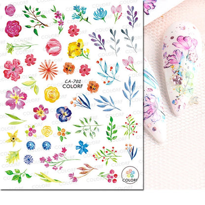 3d Nail Art Decals Watercolor Florals Purple Green Pink Flowers Leafs Fruit Adhesive Sliders Nail Stickers For Manicure