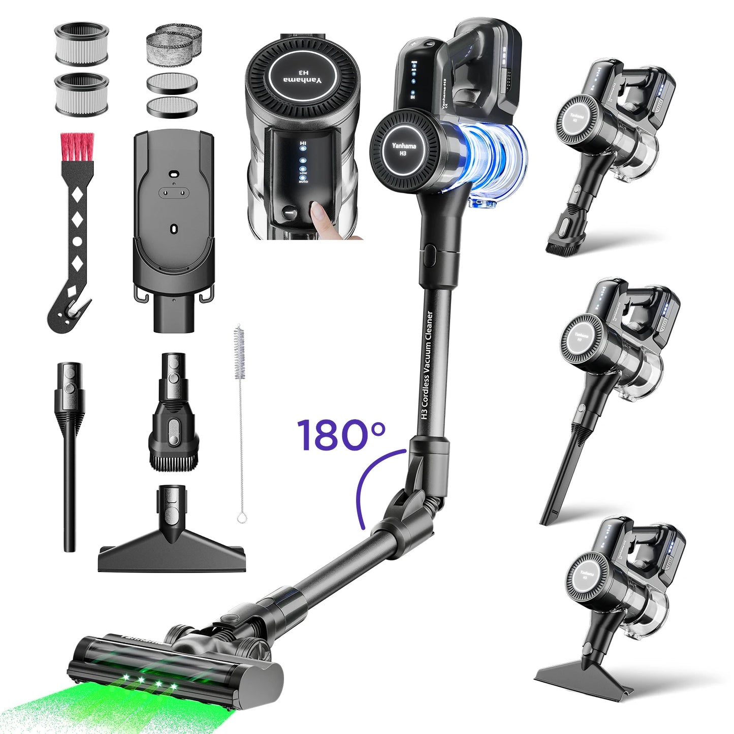 Yanhama Cordless Vacuum Cleaner - 68000Pa/550W Stick Vacuum with Charging Wall Dock, Lightweight Handheld Vacuum for Carpet