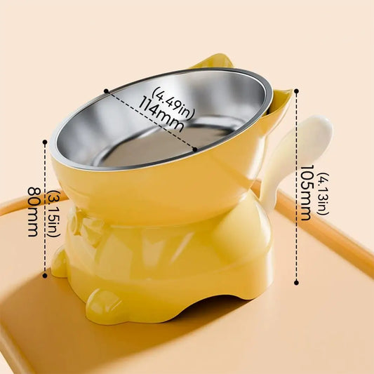 Elevated Stainless Steel Cat Bowl, Inclined Food & Water Dish with Cute Ear Stand, Neck Protection Design for Cats