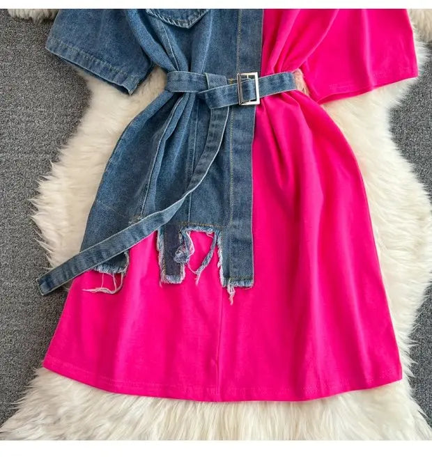 Retro Hong Kong Sle Chic Casual Mid-Length round Ne Patchwork Color Denim irt with Belt Spring New Women's Faion Top