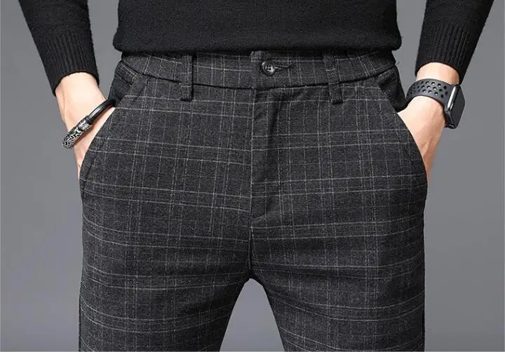 2026 Black Pants Men Plaid Trousers, Spring / Autumn New Fashion Slim Pants Men Gray Stripe Slacks 28-38 Pantalones Hombre