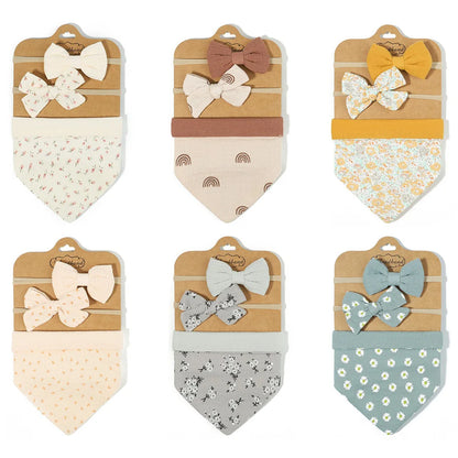 3Pcs/Set Muslin Cotton Print Bib Newborn Bows Headband Triangle Saliva Towel Infant Boy Girl Feeding Burp Baby Hair Accessories