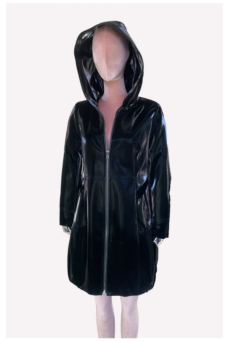 Nerazzurri Spring Fitted Waterproof Shiny Reflective Black Patent Faux Leather Jacket Women with Hood Zipper Red Autumn Clothes