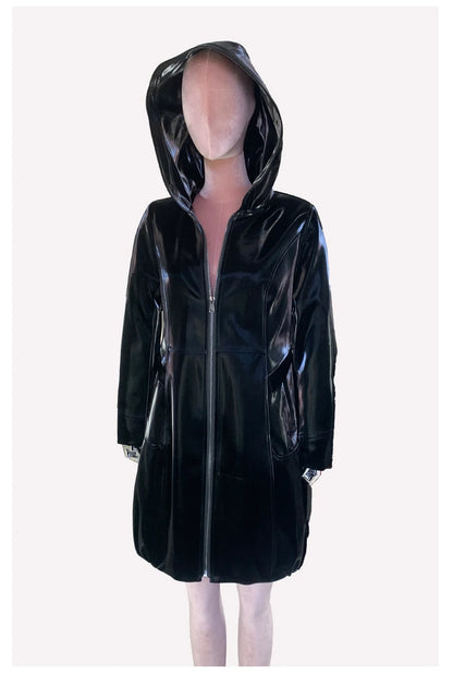 Nerazzurri Spring Fitted Waterproof Shiny Reflective Black Patent Faux Leather Jacket Women with Hood Zipper Red Autumn Clothes