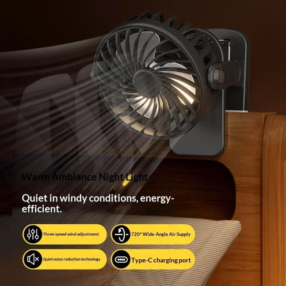 Mini Clip Fan 720°Rotation Built-in Night Lamp USB Rechargeable Powerful Airflow Portable Cooling Fan For Travel Camping Outdoor