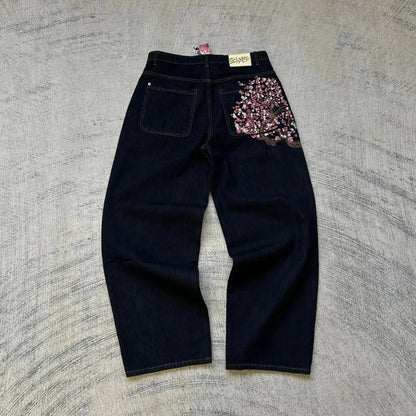 Hip-hop gold coin jeans Y2K retro low waist wide leg zipper pants y2k clothing men's fashion embroidered loose jeans