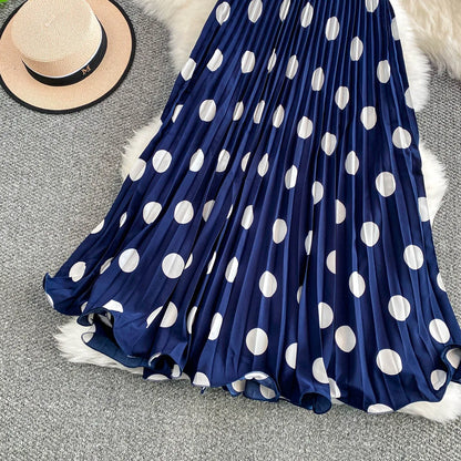 2026 Pleated Skirt Elastic Waist Polka Dot Fashion Printed Slim Pleated Skirt Women's Summer New Beach Vacation Mid-length Skirt