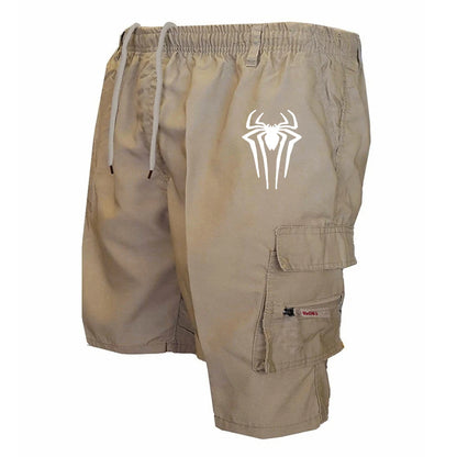 Men's Spider Print Cargo Shorts Male Outdoor Overalls Elastic Waist Cycling Shorts Multi-pockets Loose Work Beach Sports Shorts