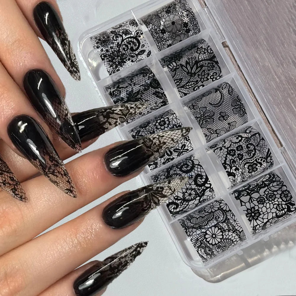 10 Rolls 4x50CM Black White Lace Transfer Nail Sticker Sexy Flower Lace Nail Art Transfer Foils Paper for DIY Manicure Decals*@#
