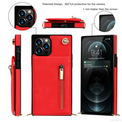 Zipper Wallet for IPhone 17 Air 16 16E 15 14 13 12 11 Pro Max Plus Case with Card Holder Lanyard Strap Crossbody Leather Cover