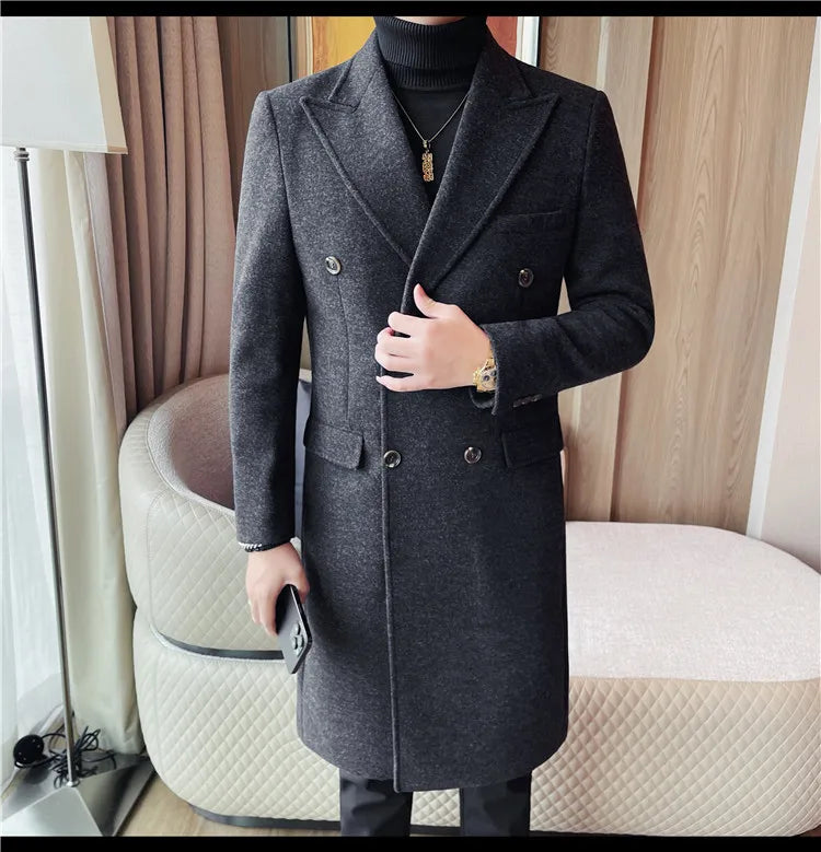 Autumn Winter Vintage Men's Woolen Long Coat Fashion Lapel High Quality Double Breasted Formal Men Slim Fit WindBreaker Overcoat