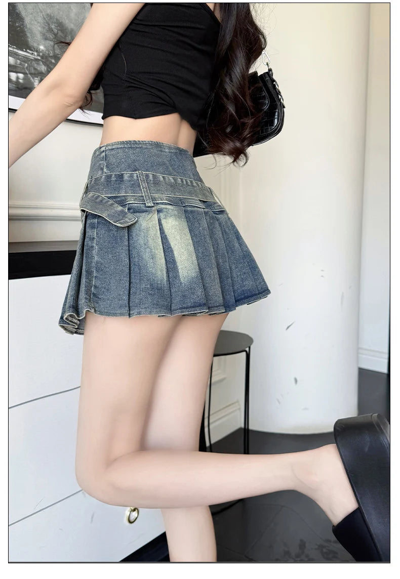 Sweet Sxey Denim Cake Skirt Women Retro Hight Waist A Line Mini Skirt Female Korean Fashion Casual Streetwear Pleated Skirt Y2K