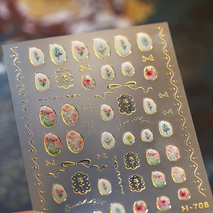 Luxury 5D Floral Nail Art Stickers Gold Silver Chinese Style Metal Frame Shiny Crystal Rhinestone Self Adhesive Manicure Decal