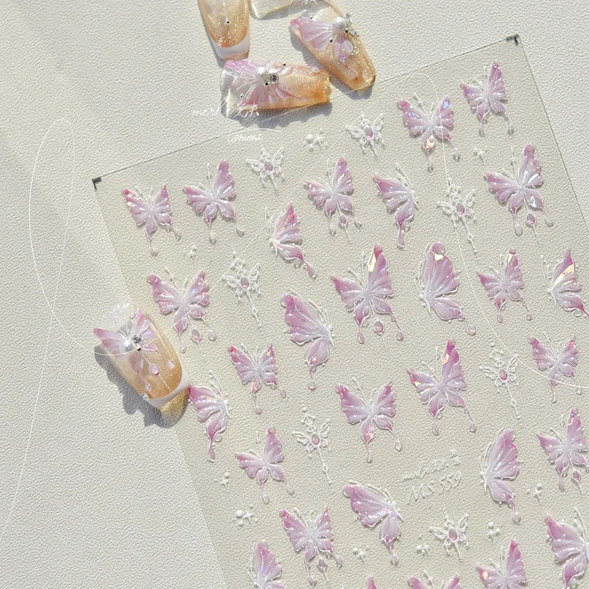 Shiny Jelly Butterfly Charming Golden Gradient Bowknot 5D Self Adhesive Nail Art Sticker Flower Petal Rhinestone Manicure Decals