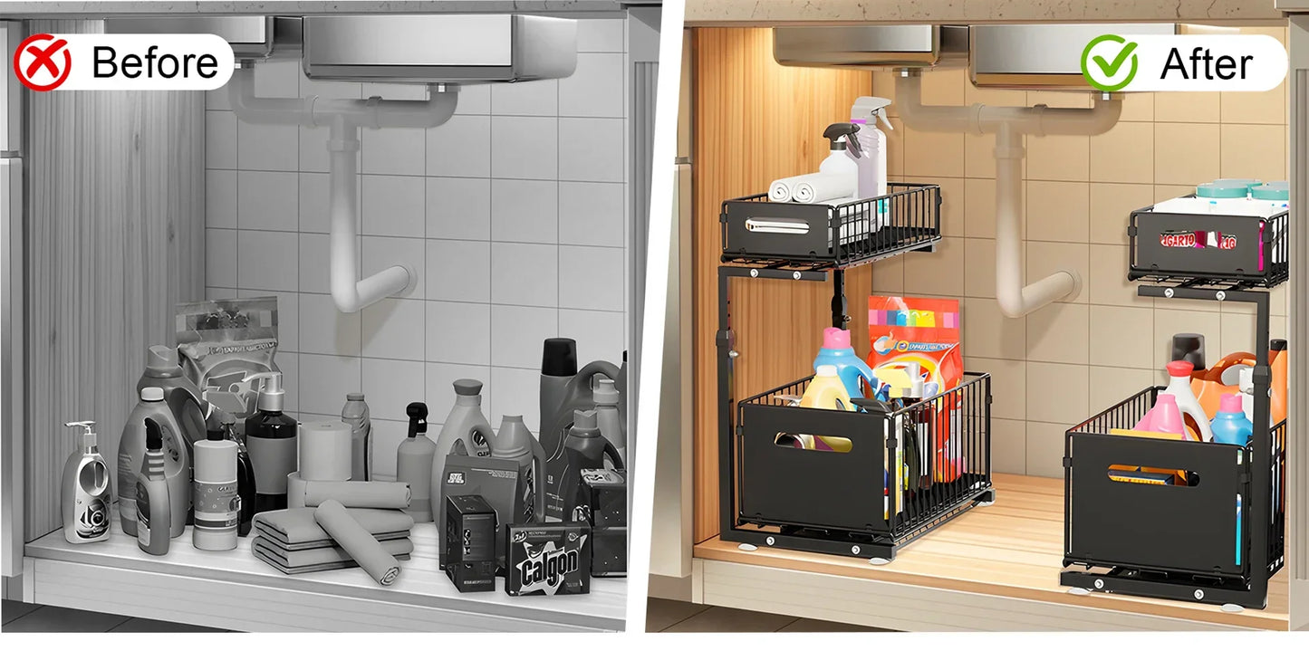 2 Tier Pull Out Cabinet Organizer Adjustable Under Sink Storage Rack Slide Out Drawer Kitchen Spice Jar Storage Shelf