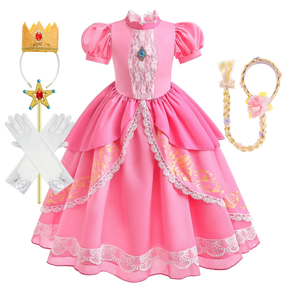 Peach Princess Costume with LED Color Light Toddler Birthday Game Role Play Dress Girl Halloween Festival Gown Pink Lace 4-8 Y