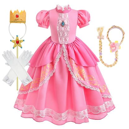 Peach Princess Costume with LED Color Light Toddler Birthday Game Role Play Dress Girl Halloween Festival Gown Pink Lace 4-8 Y